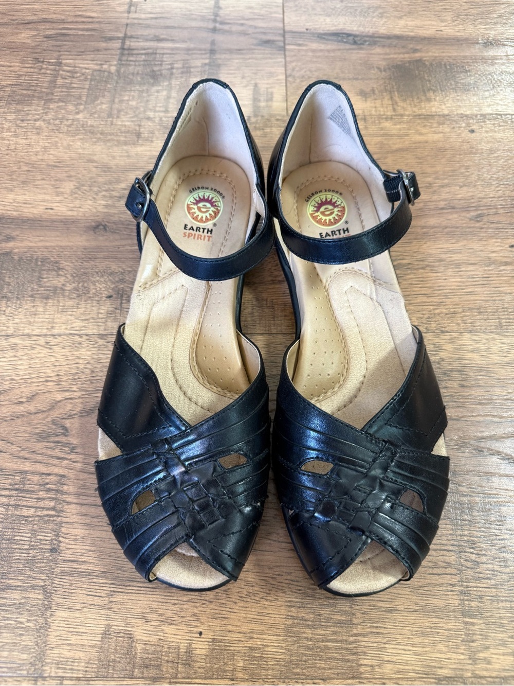 EARTH SPIRIT Black Leather Strappy Buckle Leather Peep-Toe Sandals Women’s Size9